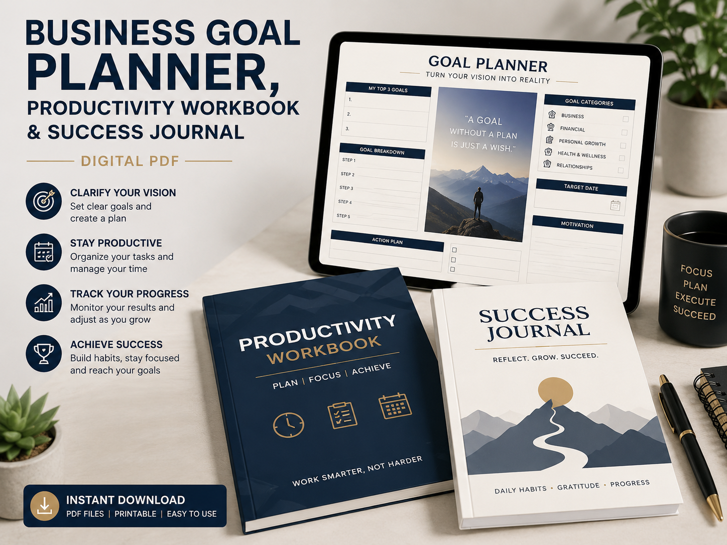 Business Goal Planner, Productivity Workbook & Success Journal (Digital PDF)