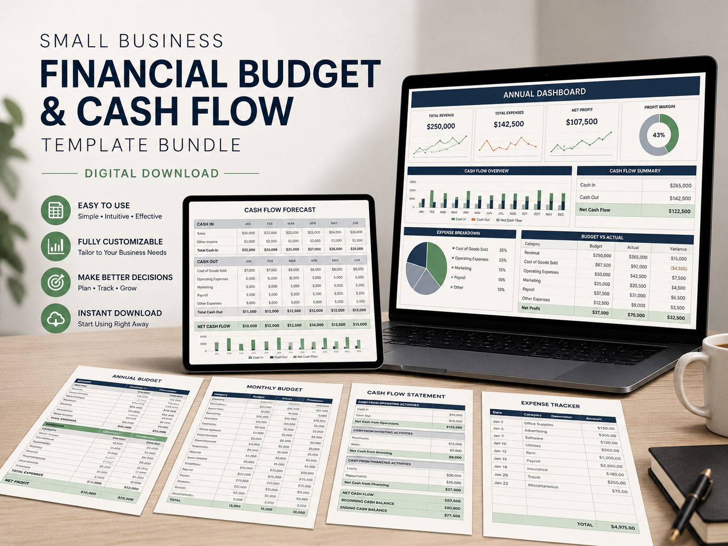 Small Business Financial Budget & Cash Flow Template Bundle (Digital Download)
